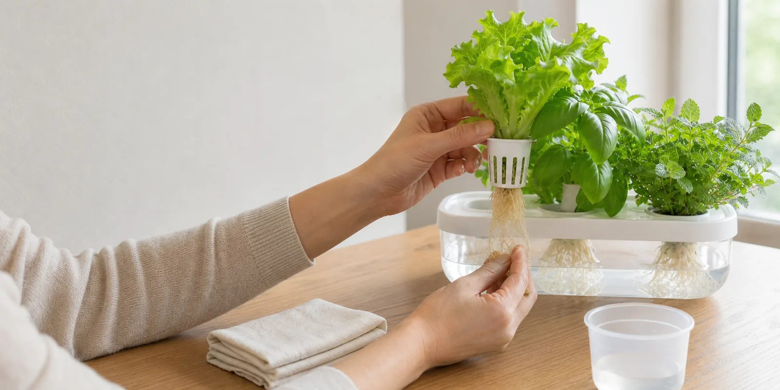 双手轻轻提起种植杯并检查健康根系