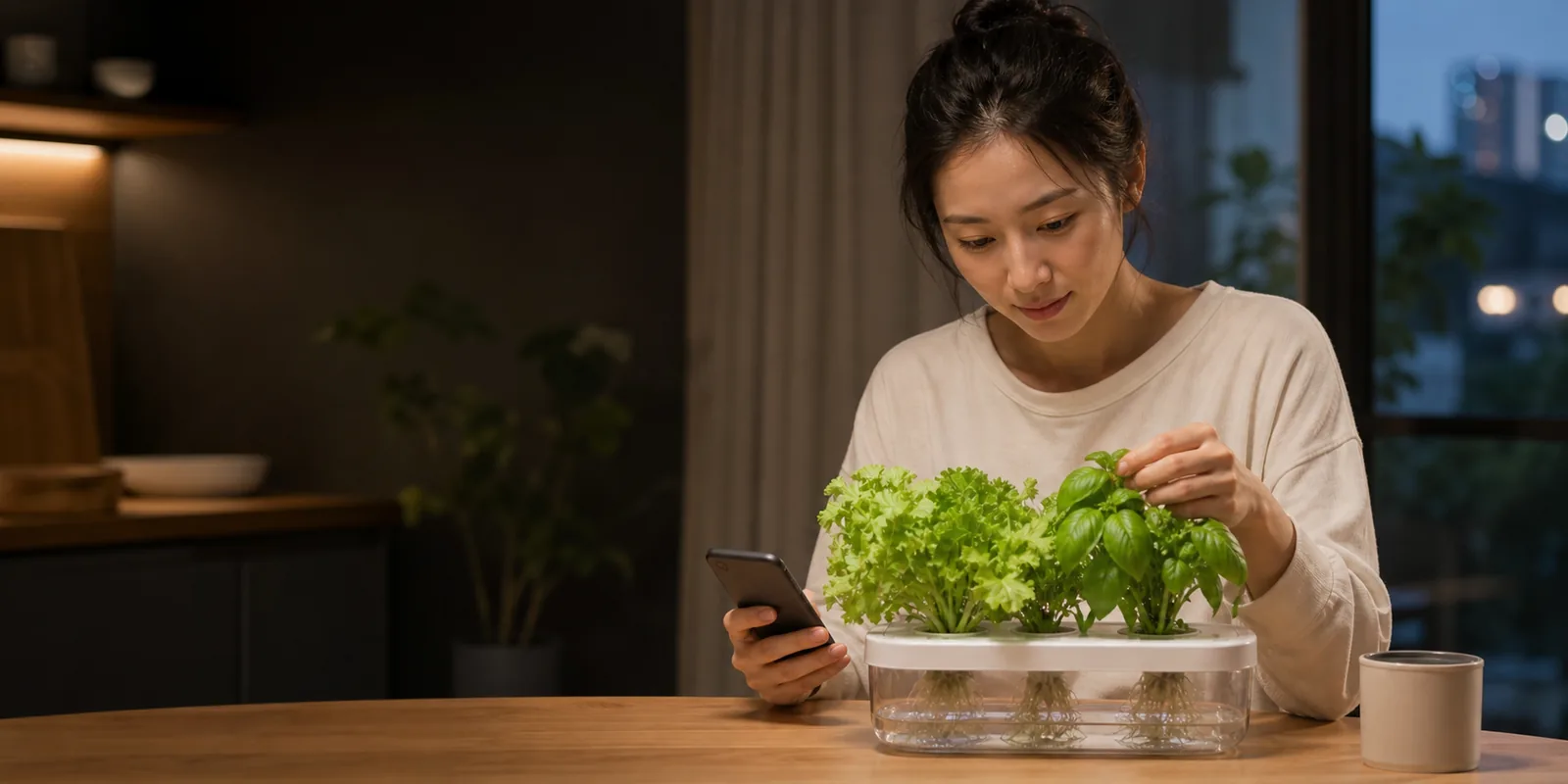 夜间家中，一位年轻人一边查看手机一边观察桌面水培香草