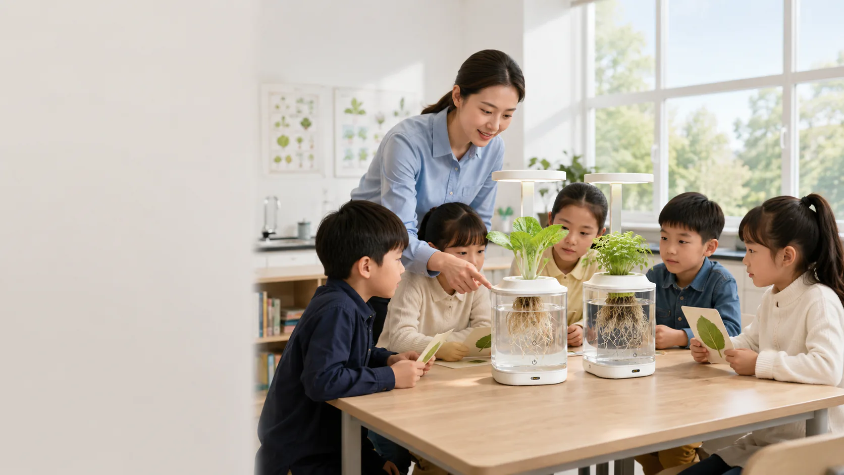 教师与儿童围绕芽果 Mini 观察植物的自然教育场景