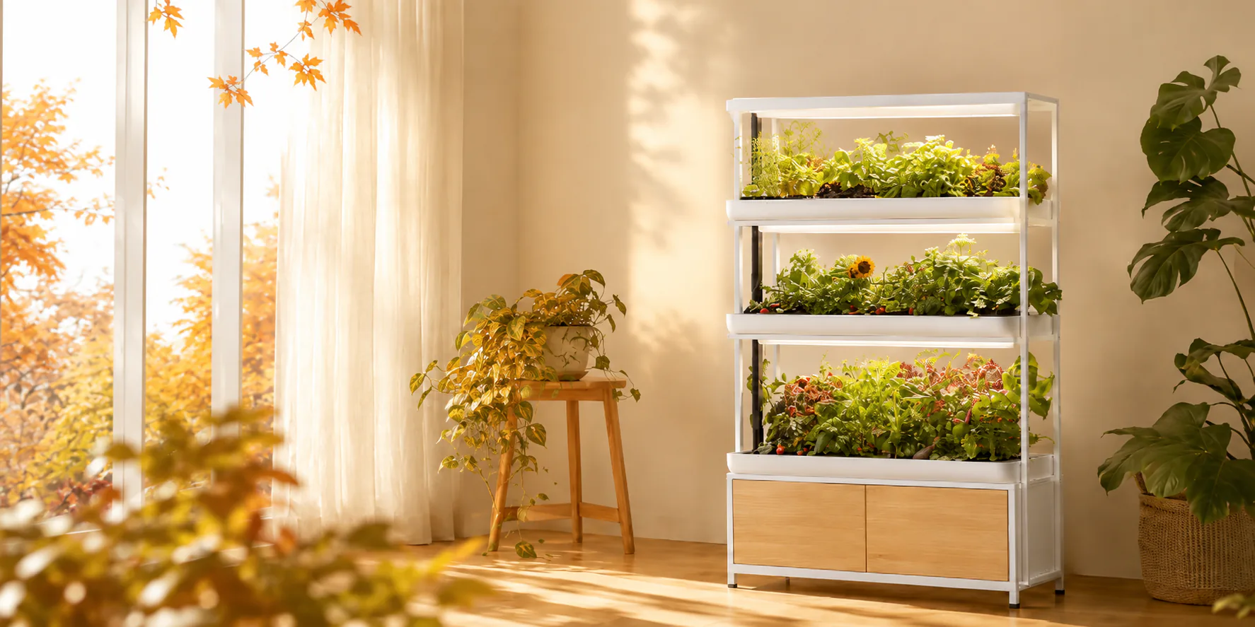 秋季暖色室内的芽果 HOME 与成熟植物