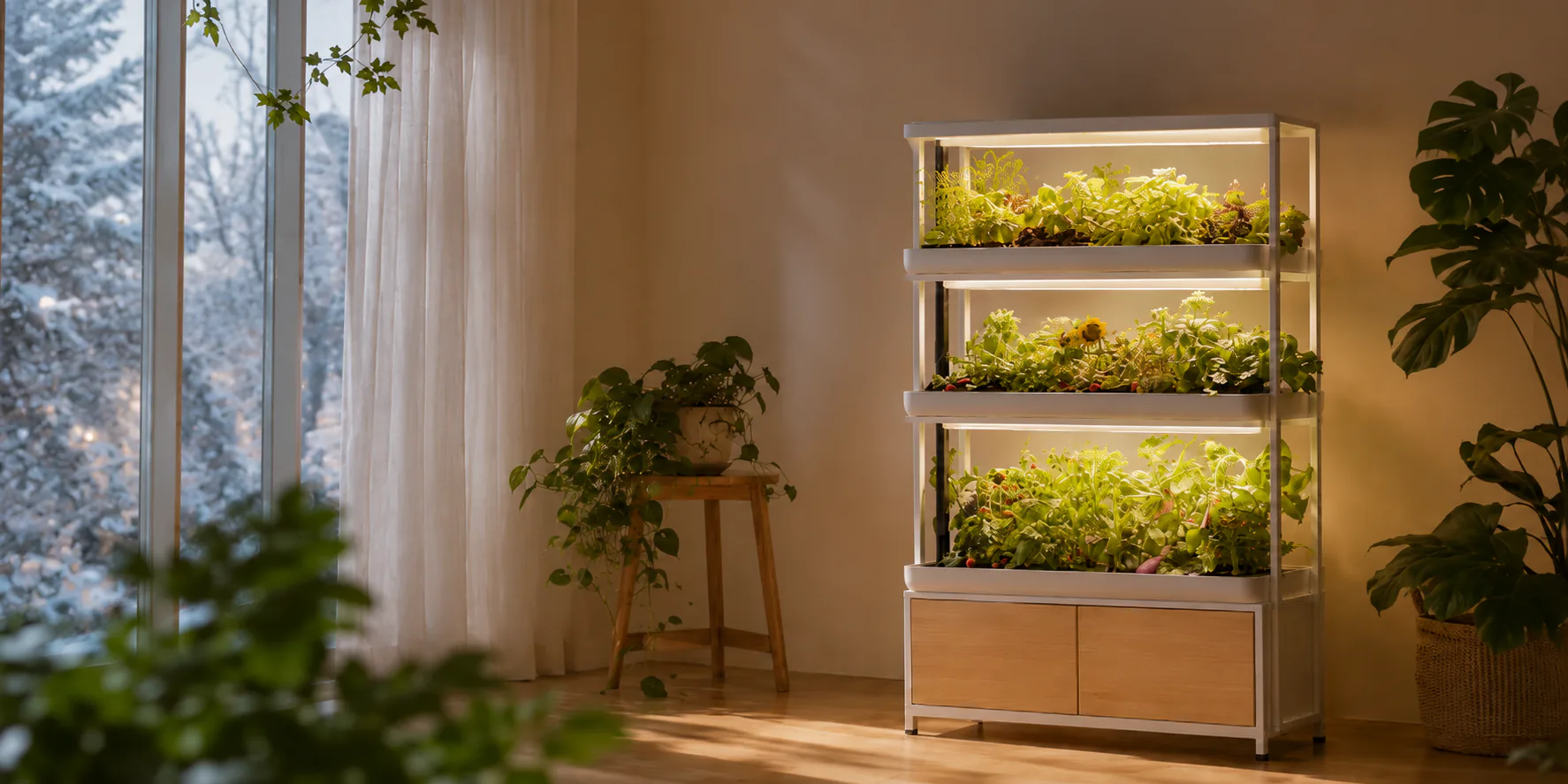 冬季室内灯光下的芽果 HOME 与绿叶植物